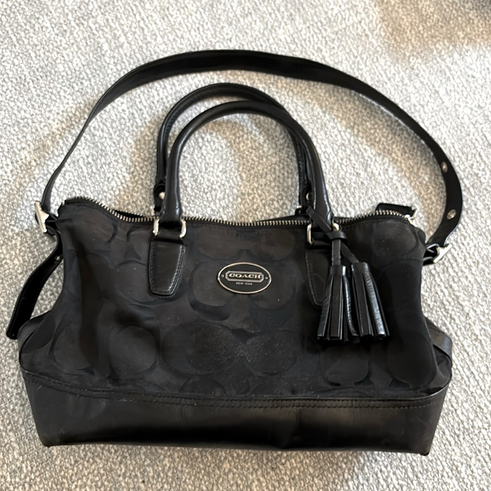 COACH - Black on Black Self logo purse w/Leather trim and Silver tone hardware